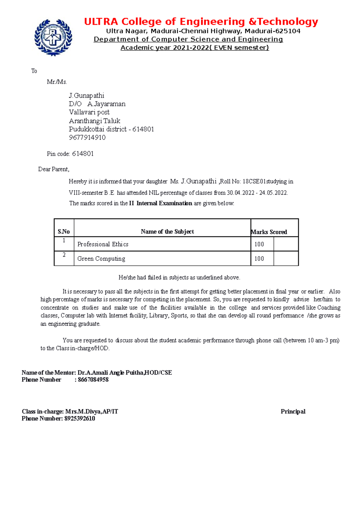 Final year letter to home - ULTRA College of Engineering &Technology ...