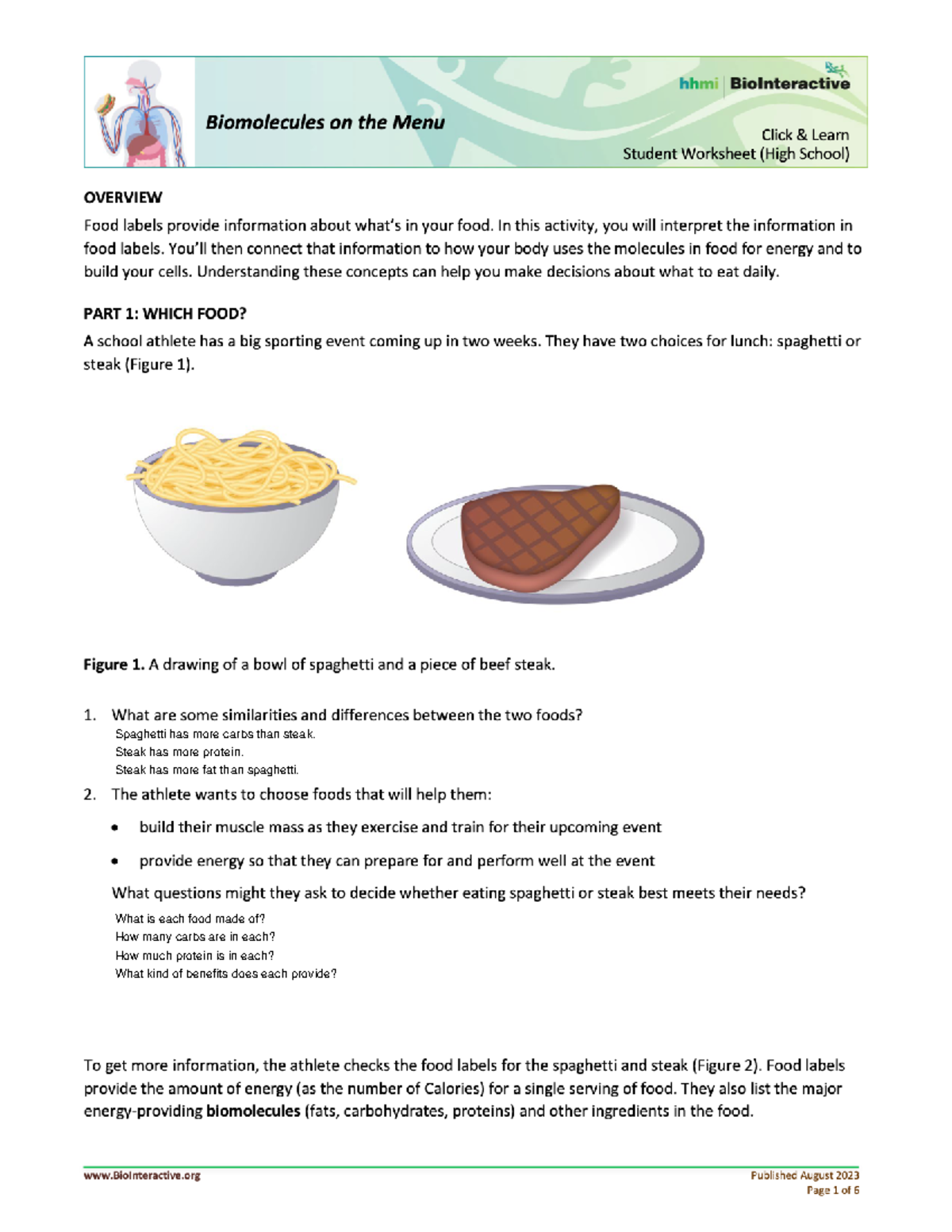 Biomolecules on the Menu Student Worksheet High School Biomolecules Menu-Student  WS-HS-CL - - Studocu