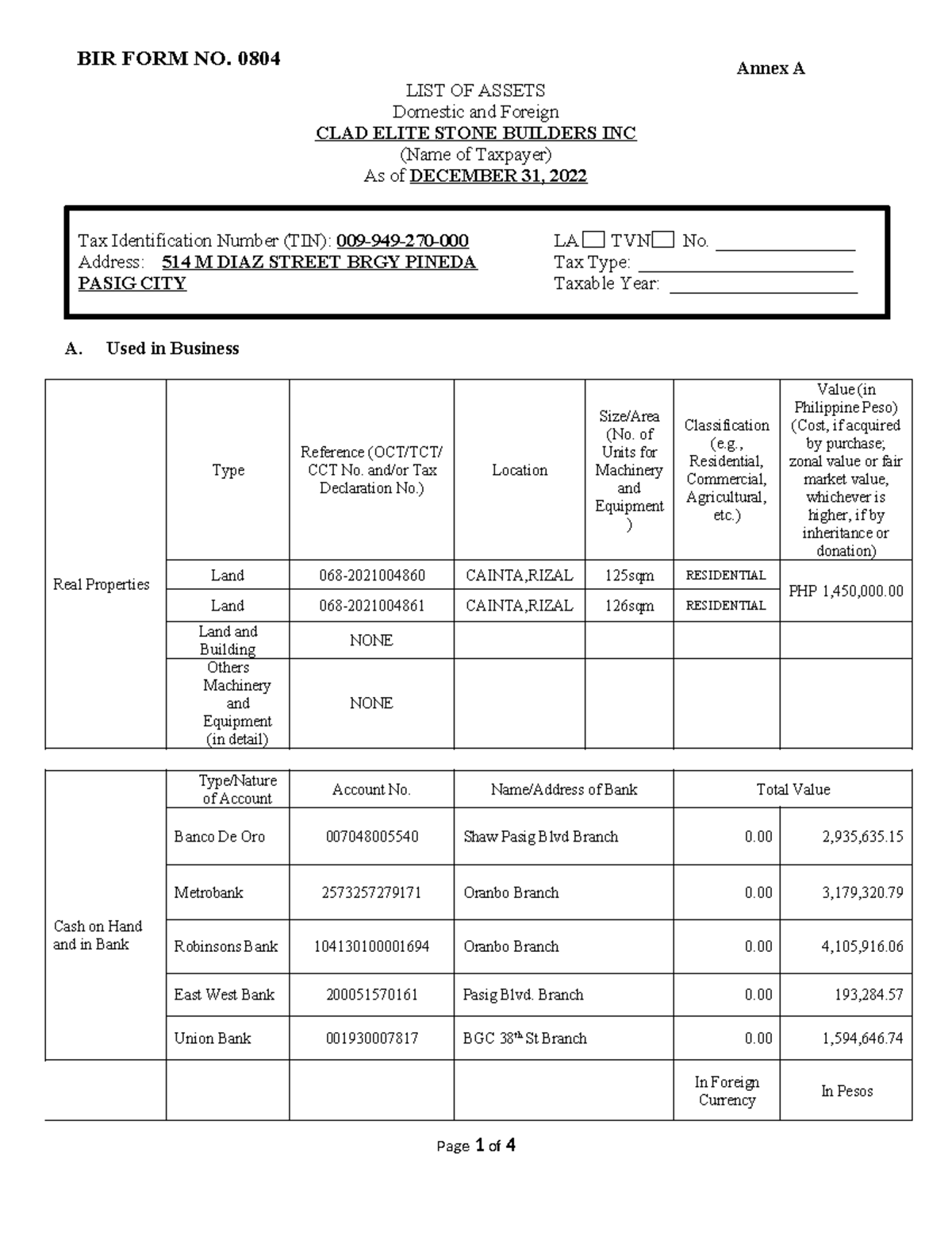 BIR Annex-A-rmo26 2010 - BIR FORM NO. 0804 Annex A LIST OF ASSETS ...