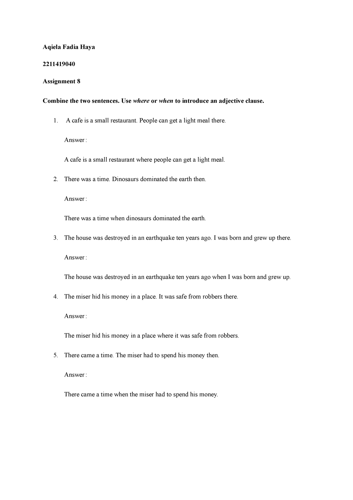 assignment in the sentences