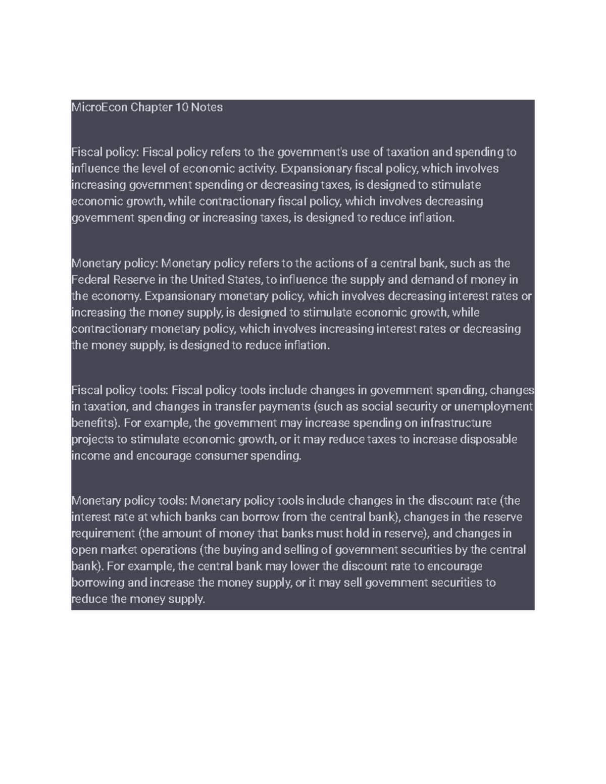 Microeconomics Ch 10 notes - MicroEcon Chapter 10 Notes Fiscal policy ...
