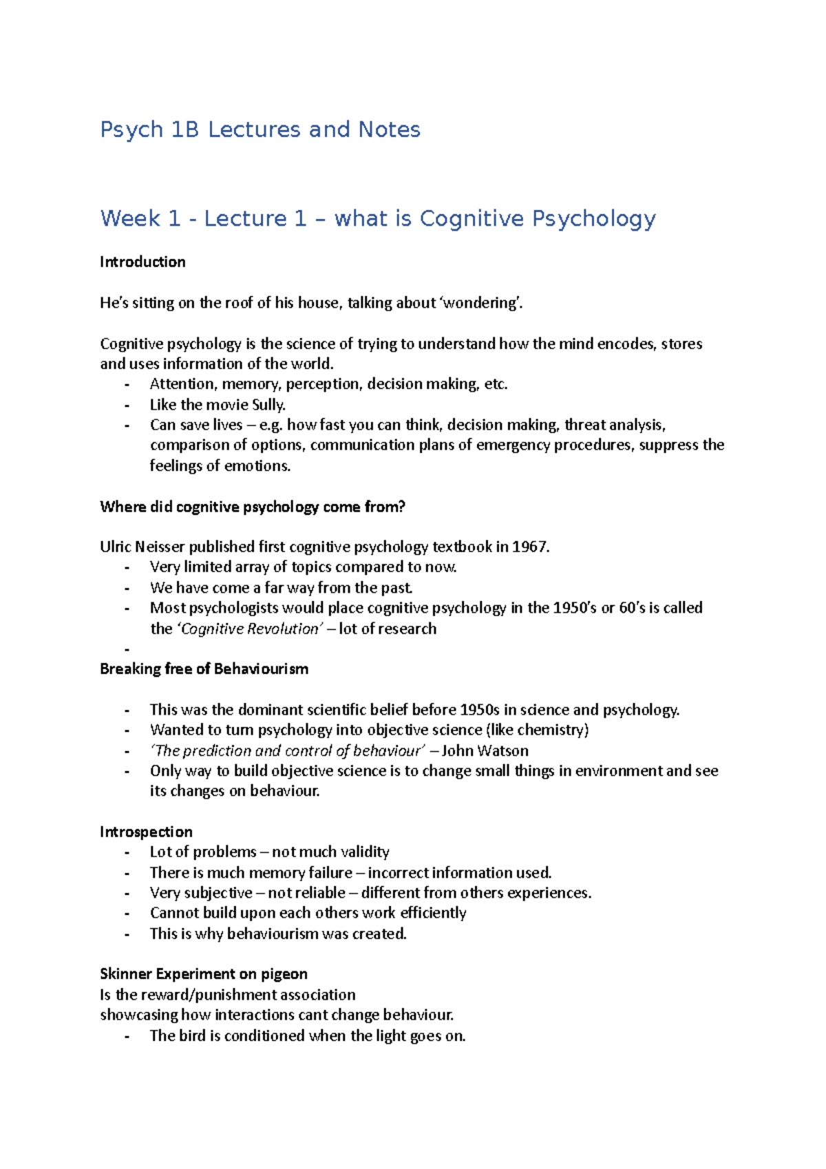 Psych 1B Lectures And Notes - PSYC1011 - UNSW Sydney - Studocu