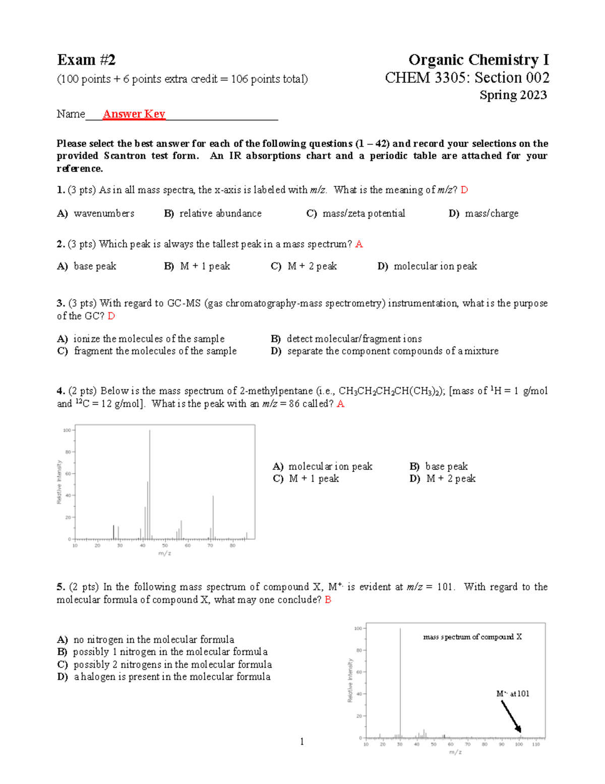 Exam 2 Spring 2023 - Answer Key(1) 2 - 1 Exam #2 Organic Chemistry I ...