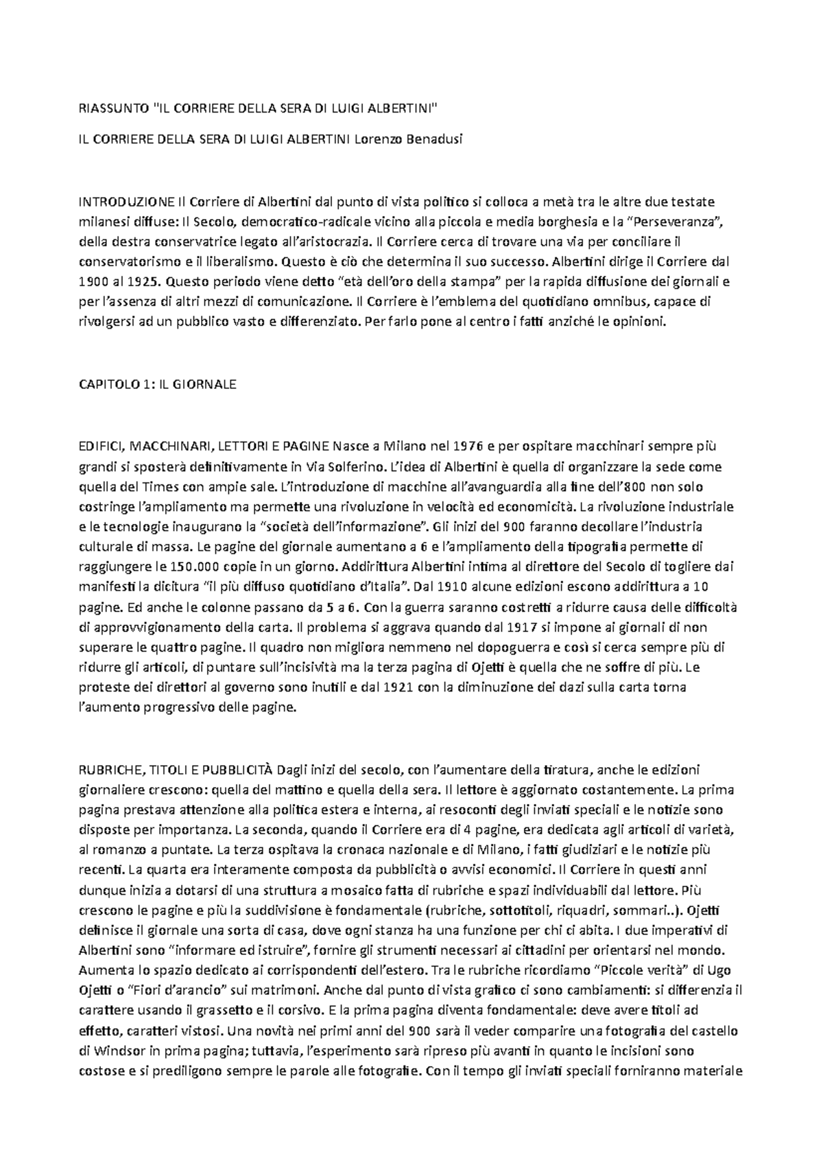 Riassunto il corriere della sera di luigi albertini RIASSUNTO