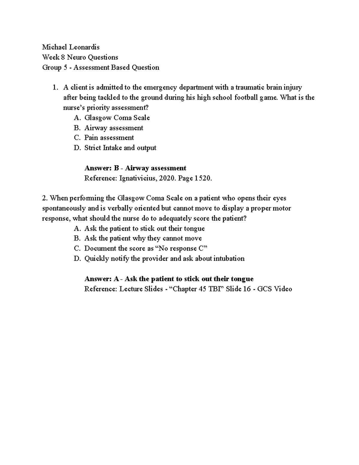 AH2 - Content Questions - Neuro - Michael Leonardis Week 8 Neuro ...