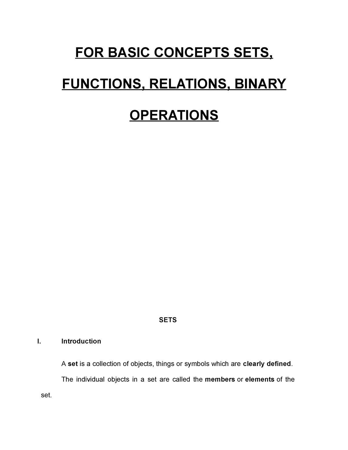 FOR Basic Concepts SETS - FOR BASIC CONCEPTS SETS, FUNCTIONS, RELATIONS ...