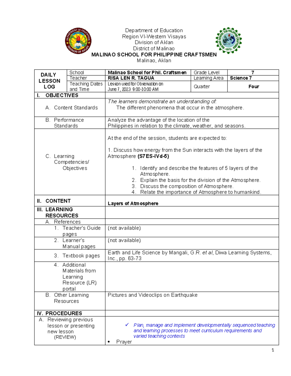 Lesson Plan for COT Quarter 4 layers of atmosphere - Department of ...