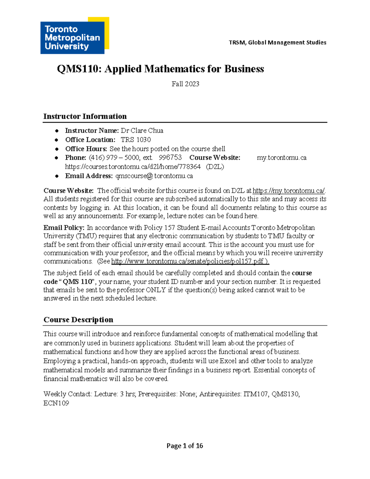 Qms110 Course Outline Fall2023 Final Clare Chua1 - Trsm, Global 