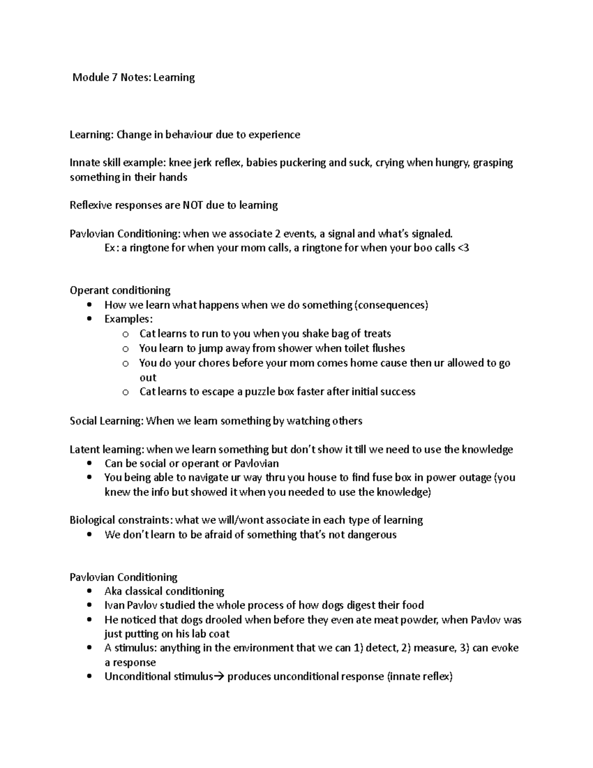 PSY Module 7 Notes - ... - Module 7 Notes: Learning Learning: Change in ...