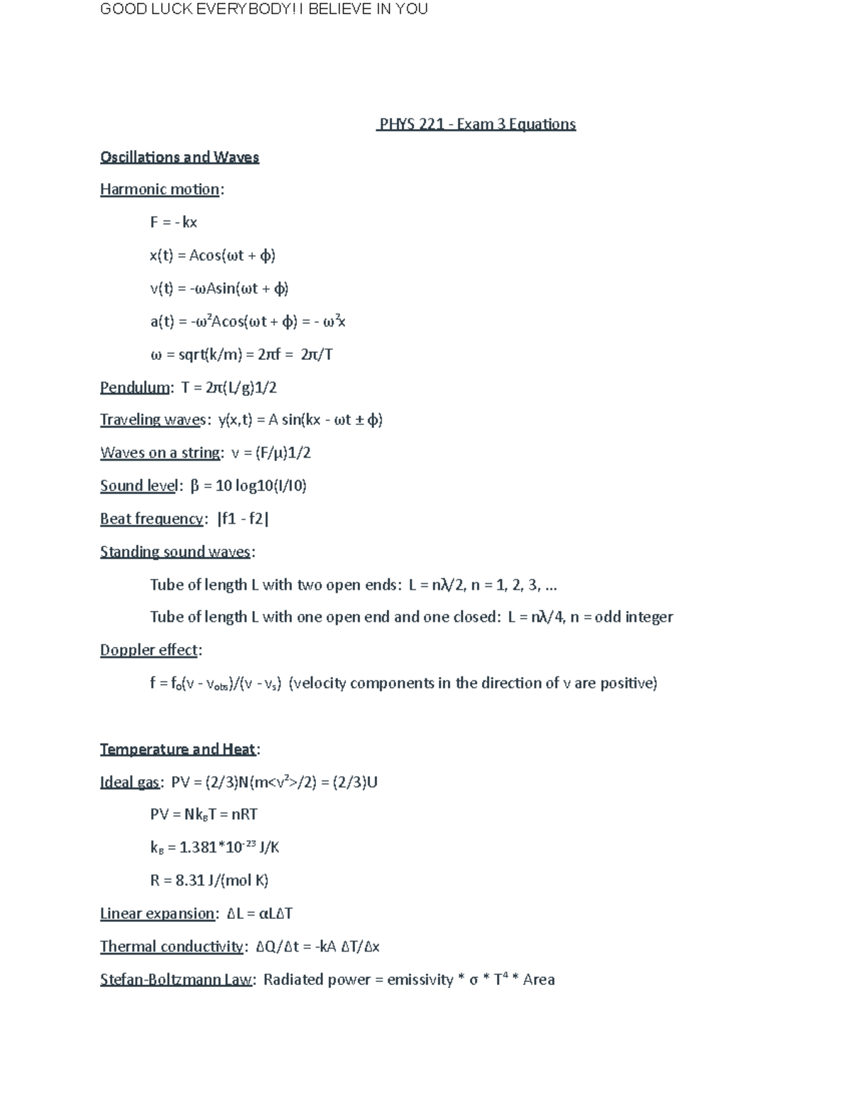 Physics 221 Final - PHYS 221 - Exam 3 Equations Oscillations And Waves ...