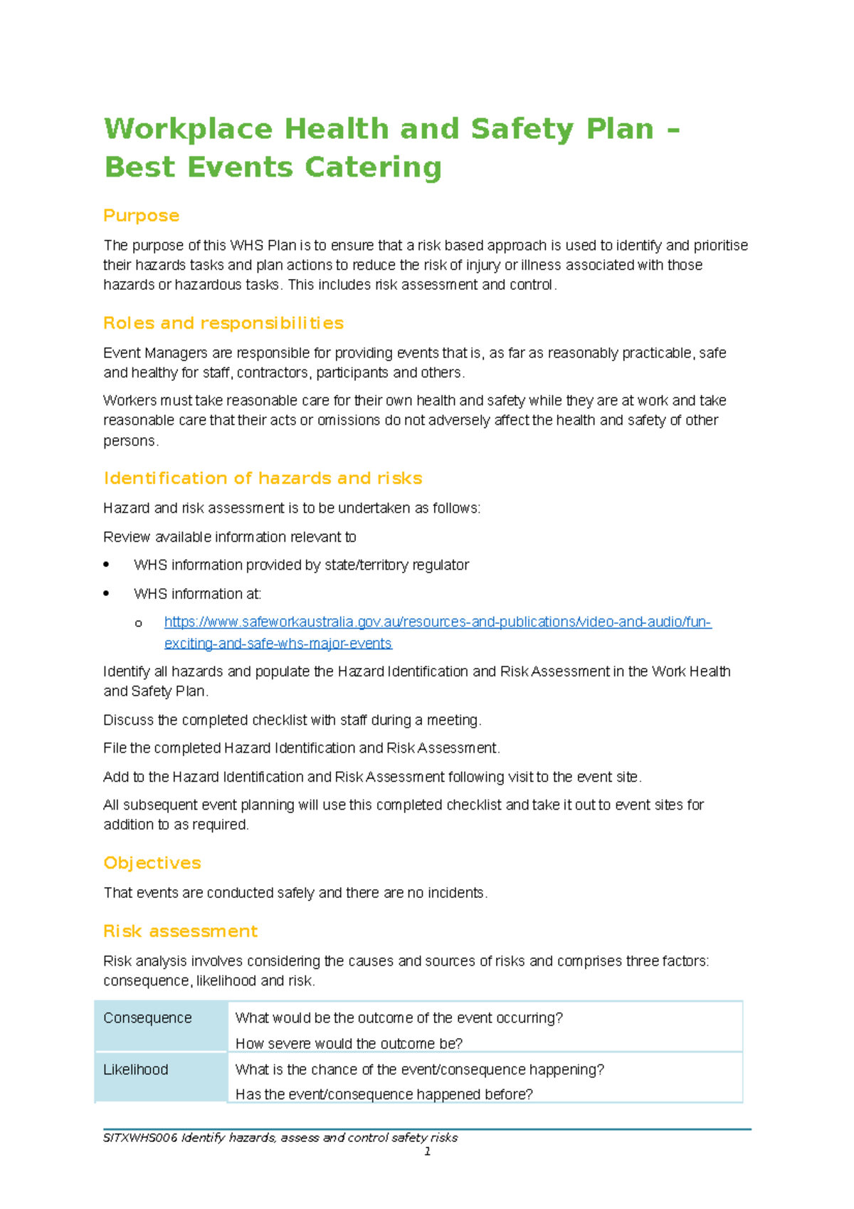 Sitxwhs 006 WHS Plan - Workplace Health and Safety Plan – Best Events ...