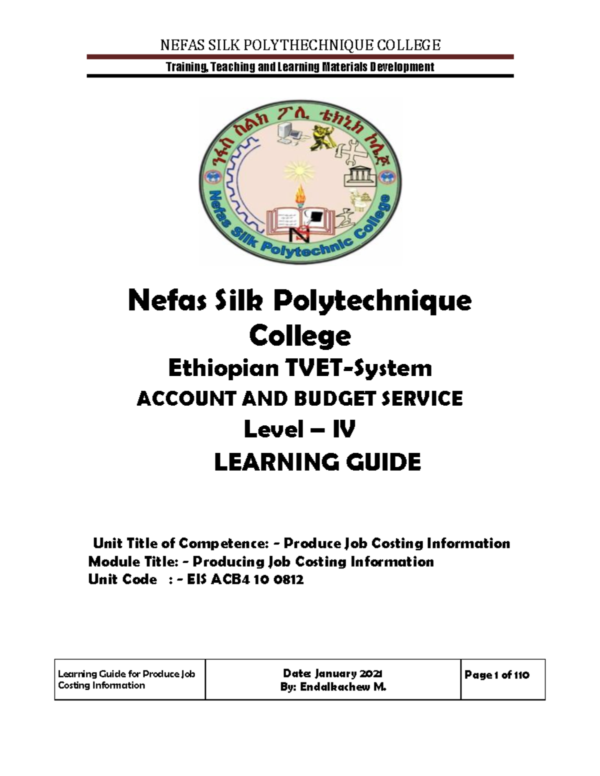 10. Produce Job Costing Information 1 Training, Teaching and Learning