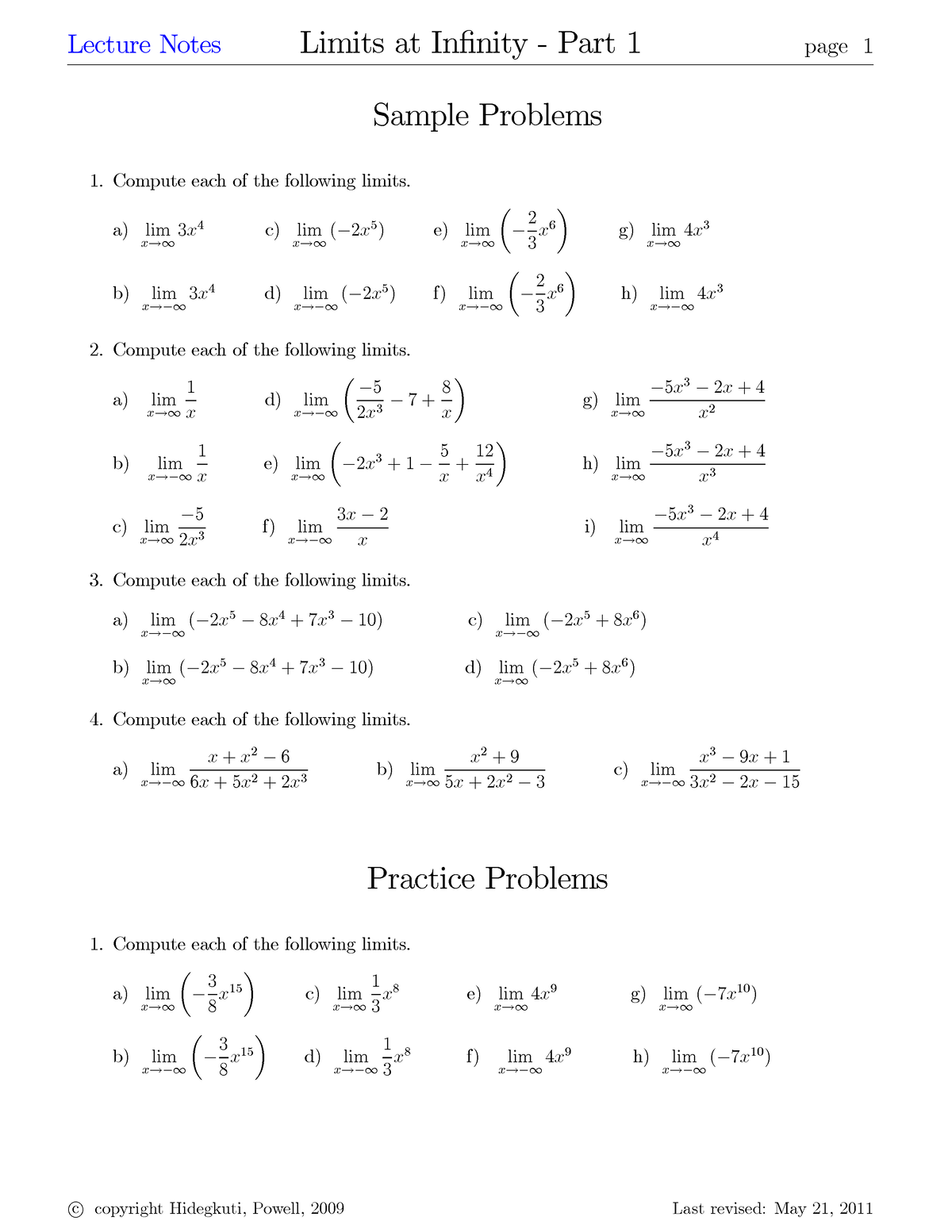 Extra practice on limit - Sample Problems Compute each of the following ...