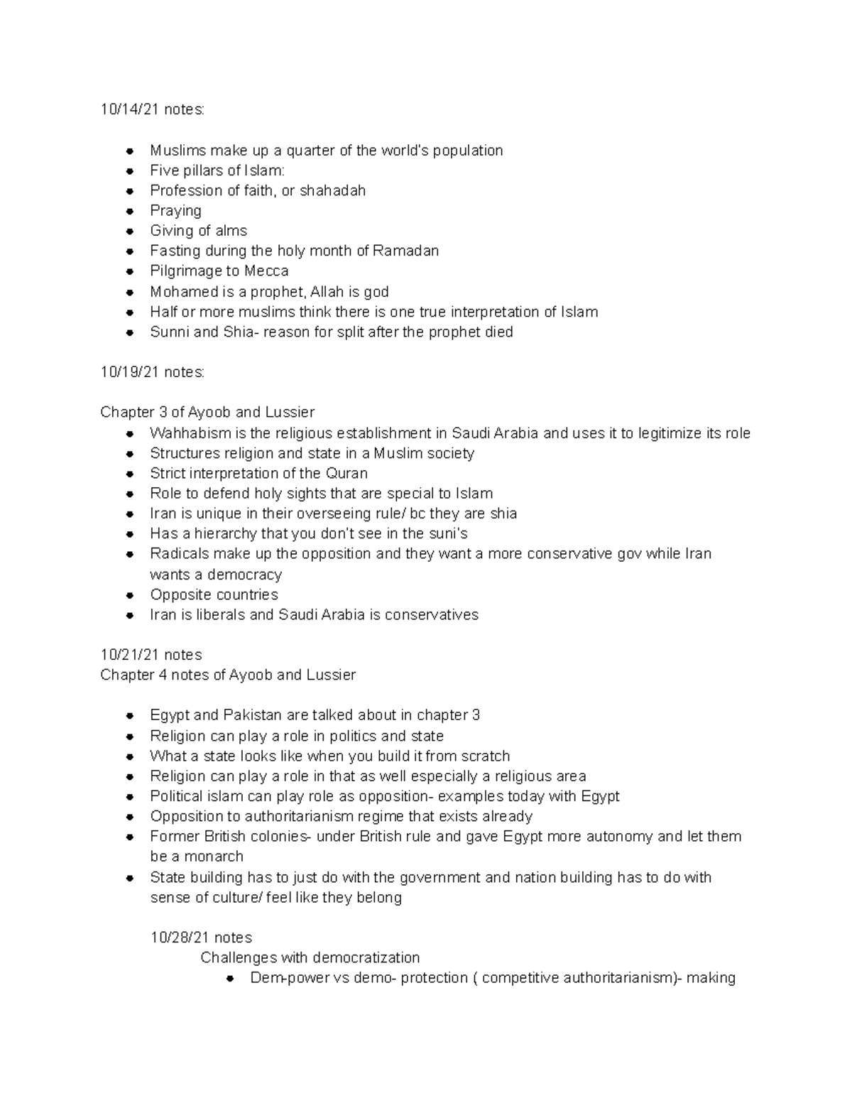 PLS 345 notes - 10/14/21 notes: Muslims make up a quarter of the world ...