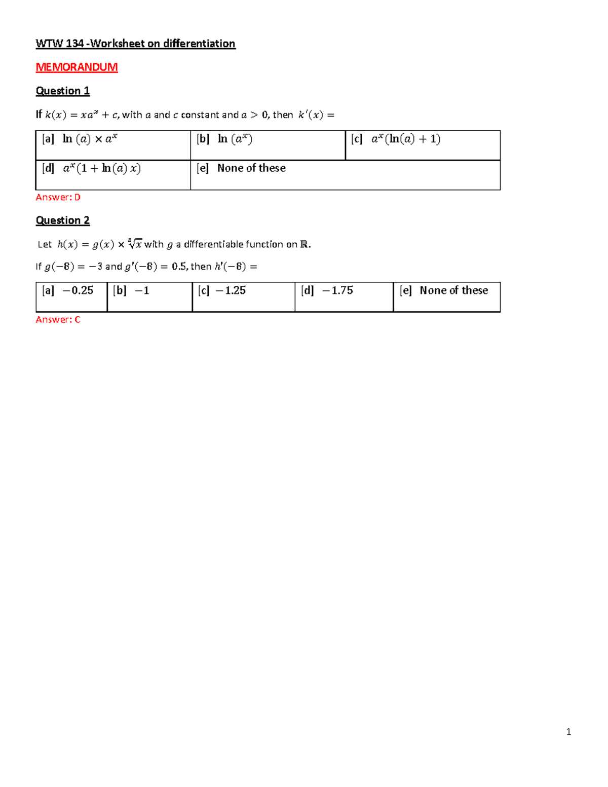 WS Differentiation MEMO wtw 134 - WTW 134 -Worksheet on differentiation ...