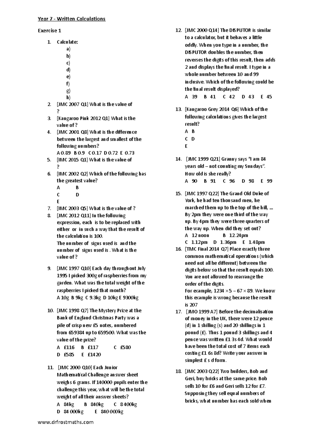 Yr7-Written Calculations - Year 7 - Written Calculations Exercise 1 ...