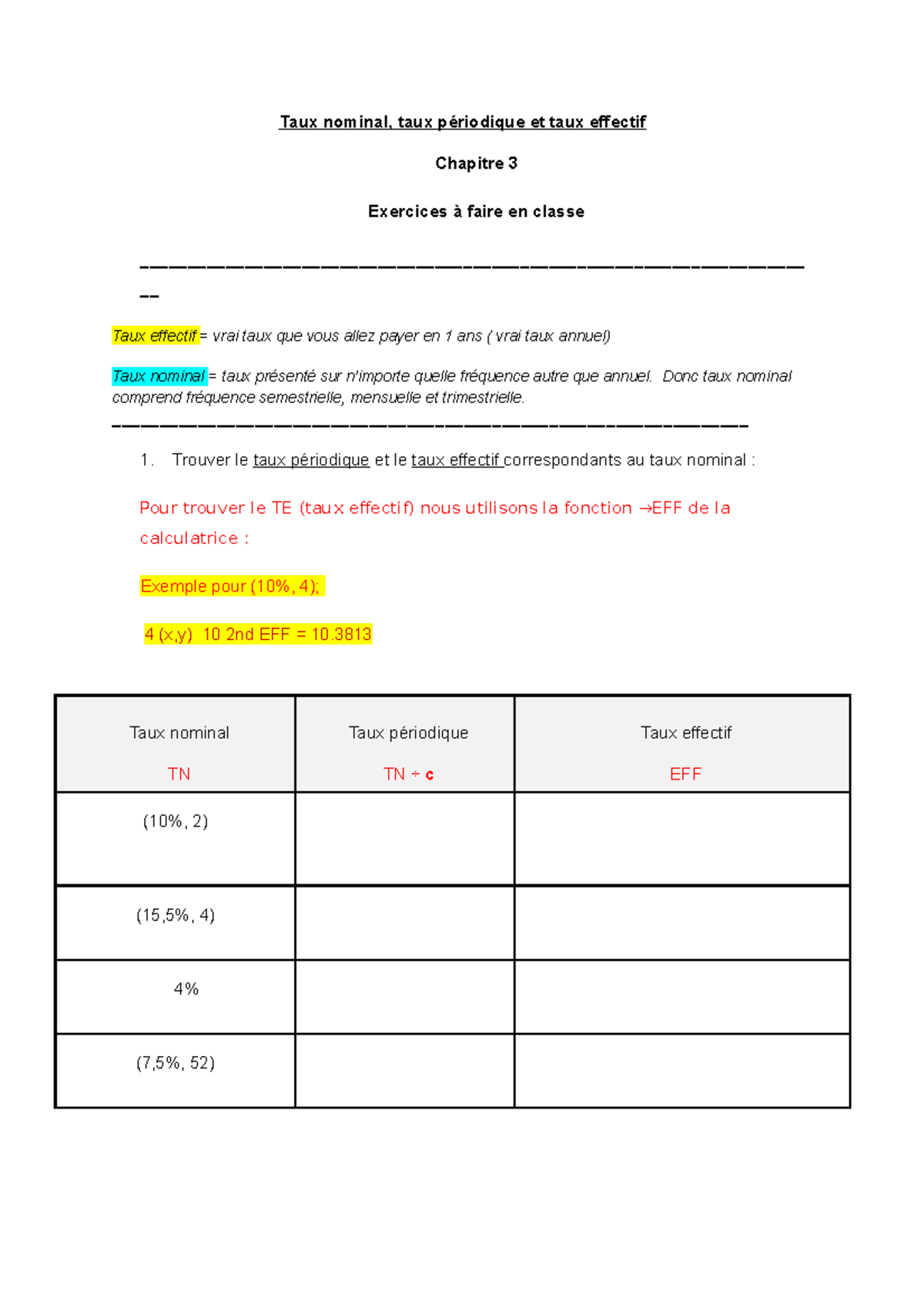 Exercices (en Classe) Taux - Taux Nominal, Taux Périodique Et Taux ...