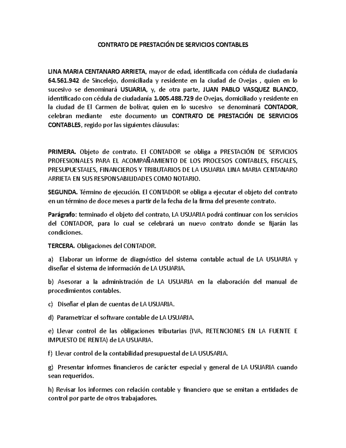 Contrato De Prestaci N De Servicios Contables Derecho Laboral Studocu