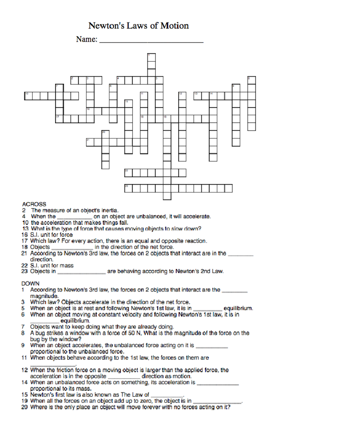 Newtons Laws Crossword 1 - Studocu