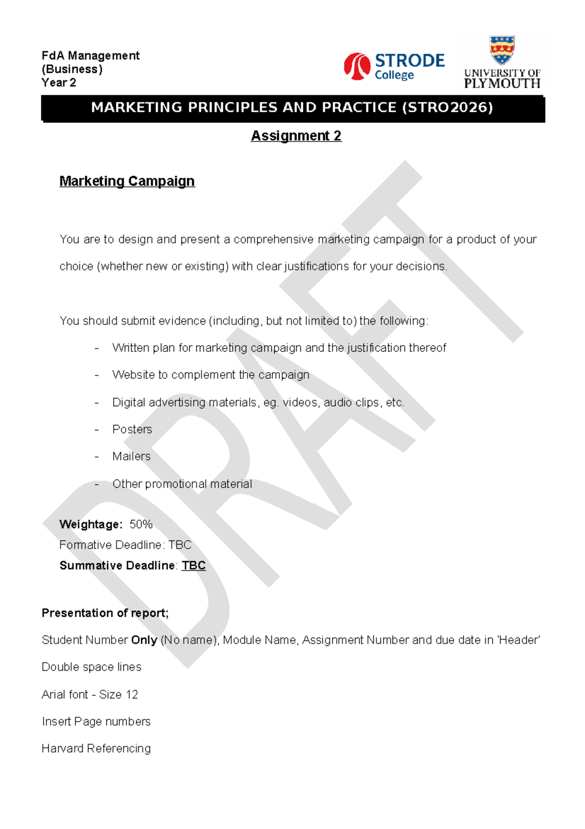 Fd A Management STRO2026 Assignment Brief 2 202122 MARKETING PRINCIPLES AND PRACTICE