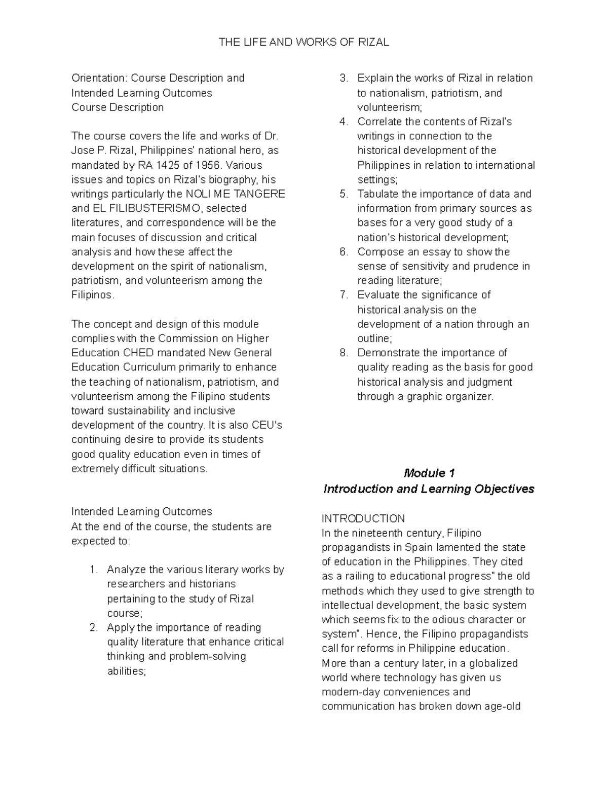 Rizal - Orientation: Course Description and Intended Learning Outcomes ...
