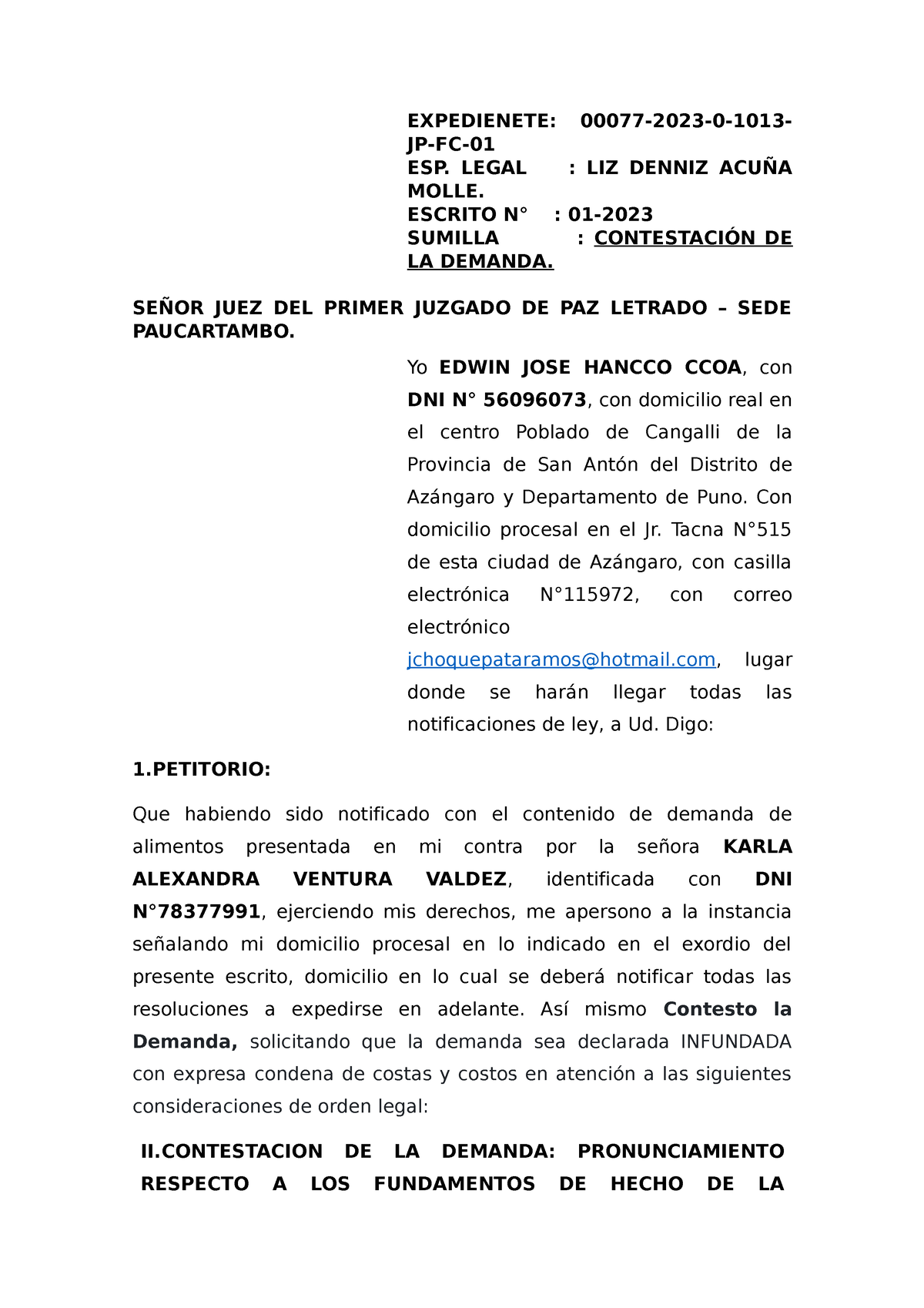 Contestacion De La Demanda De Alimentos Expedienete 00077 2023 0 1013 Jp Fc Esp Legal 5661