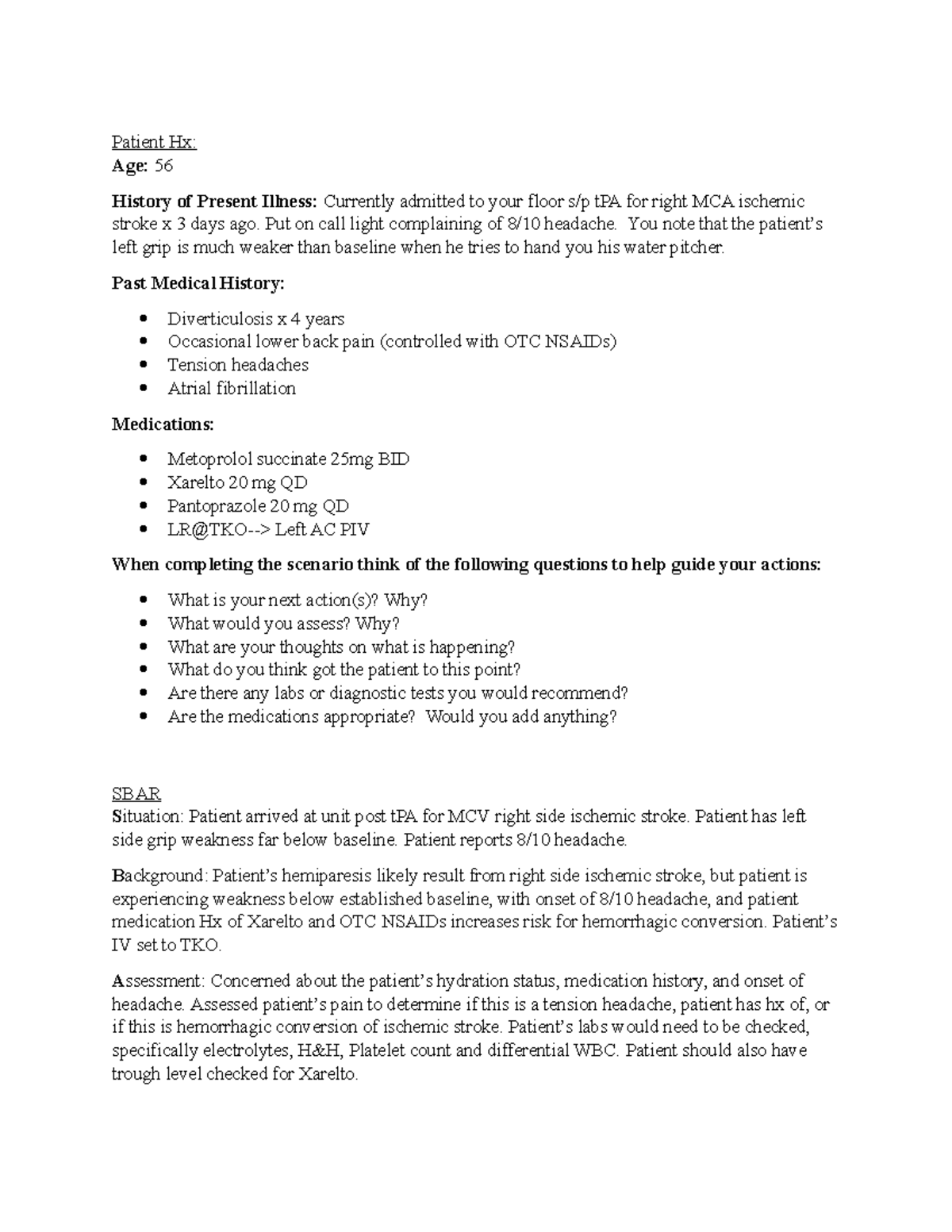 Week 7 Assessment Scenario SBAR and Link Patient Hx Age 56 History