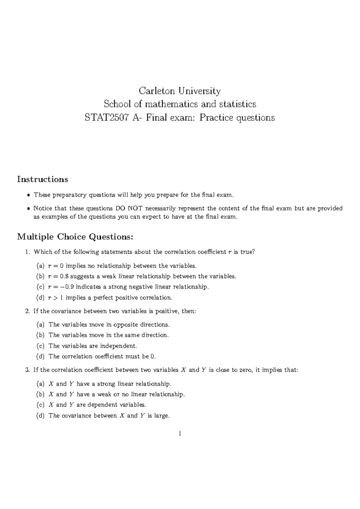 Practice Questions Gggg Carleton University School of mathematics