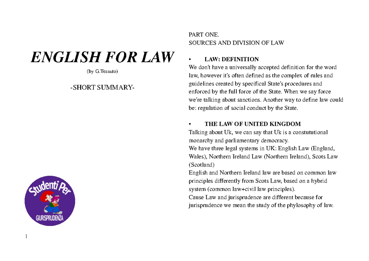 English FOR LAW, short summary ENGLISH FOR LAW (by G) SHORT SUMMARY PART ONE. SOURCES AND