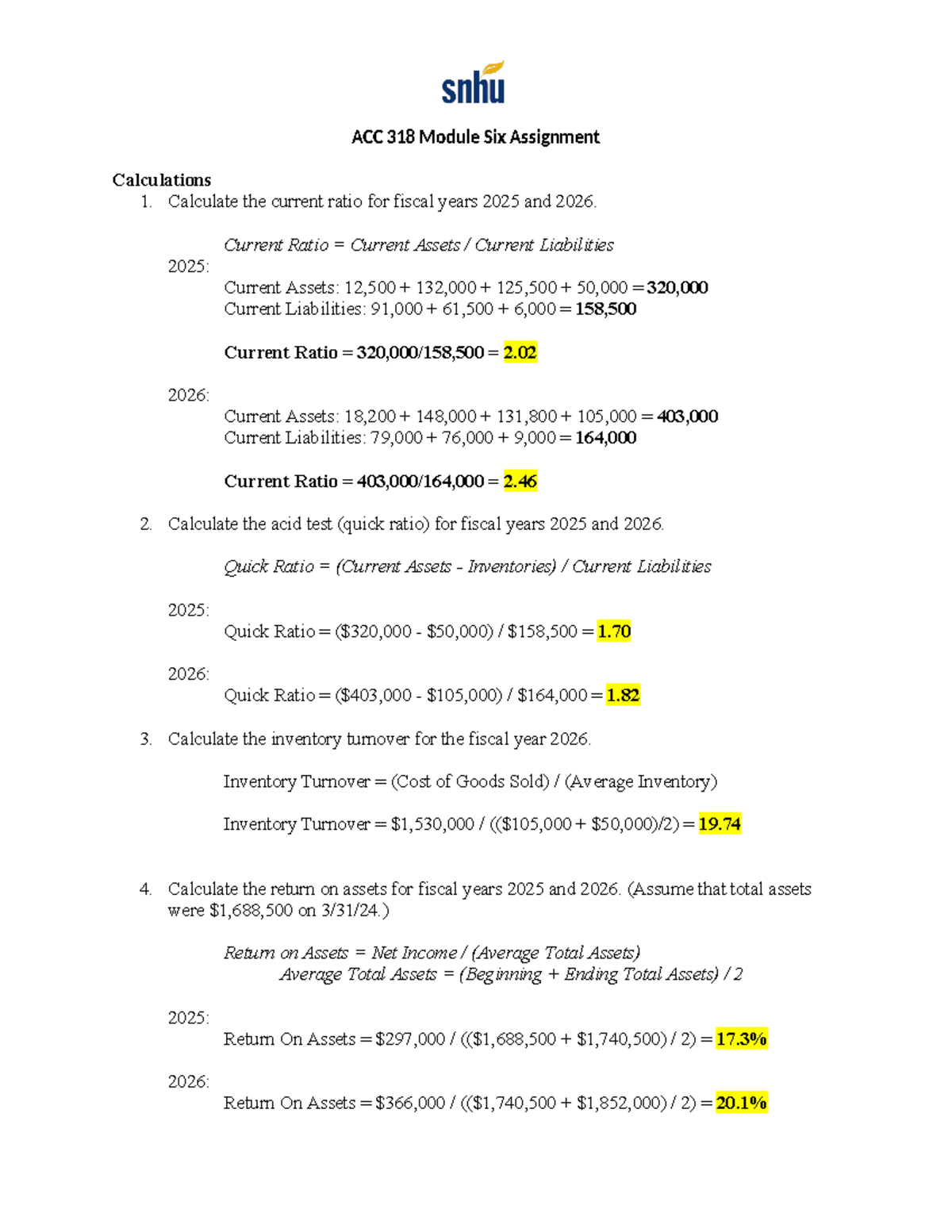 ACC 318 - 6-2 Assignment - Ratios and Variance Analysis - ACC 318 ...