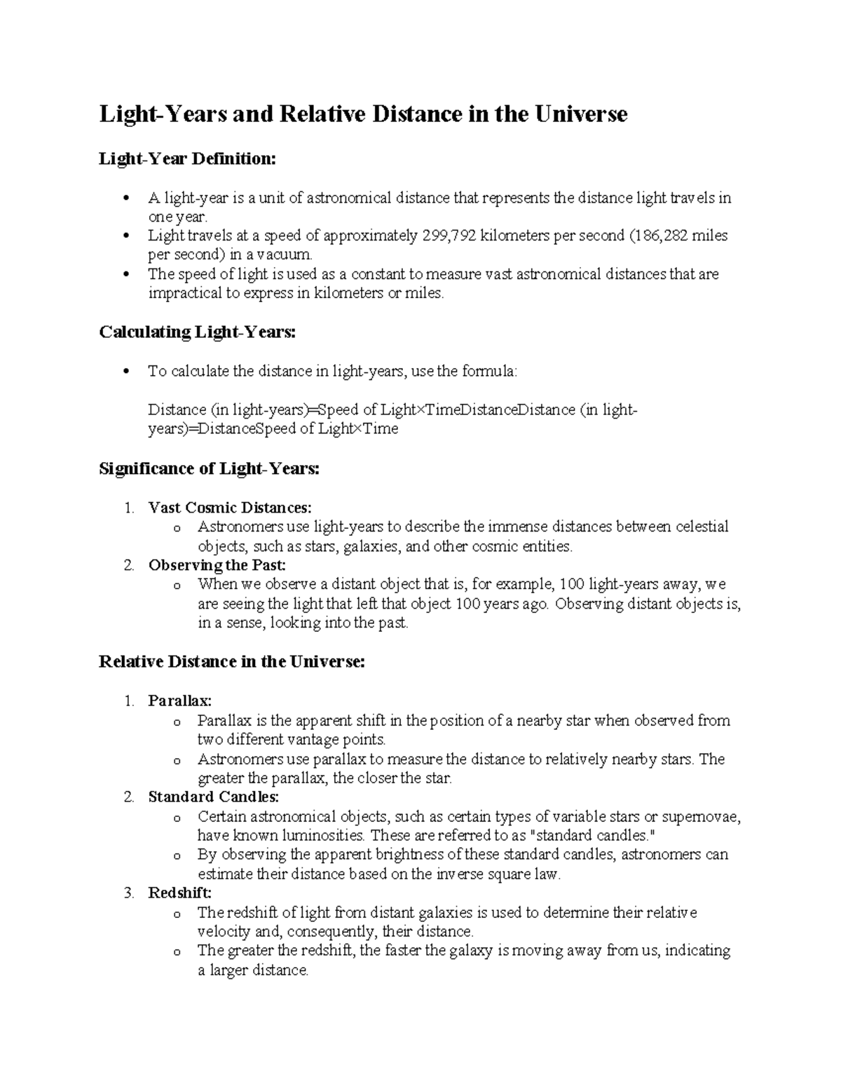 As101 notes for ch LightYears and Relative Distance in the Universe
