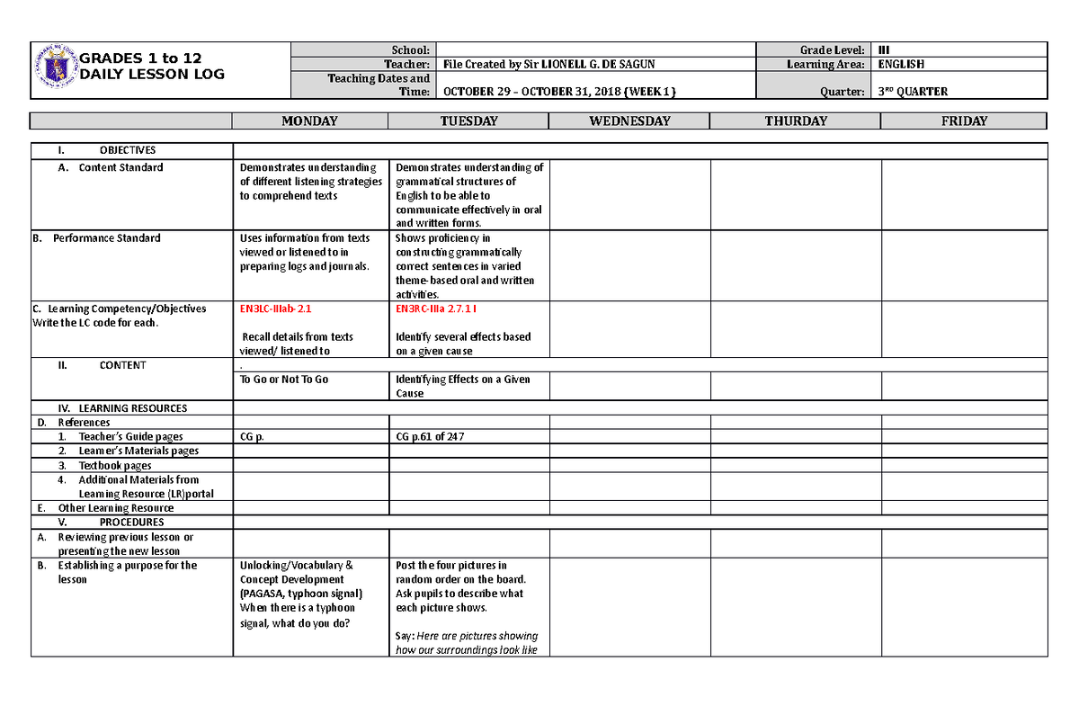 DLL English 3 Q3 W1 - good - GRADES 1 to 12 DAILY LESSON LOG School ...