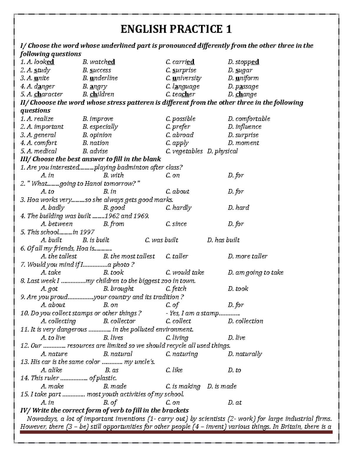 đề 1 - Sdsd - ENGLISH PRACTICE 1 I/ Choose The Word Whose Underlined ...