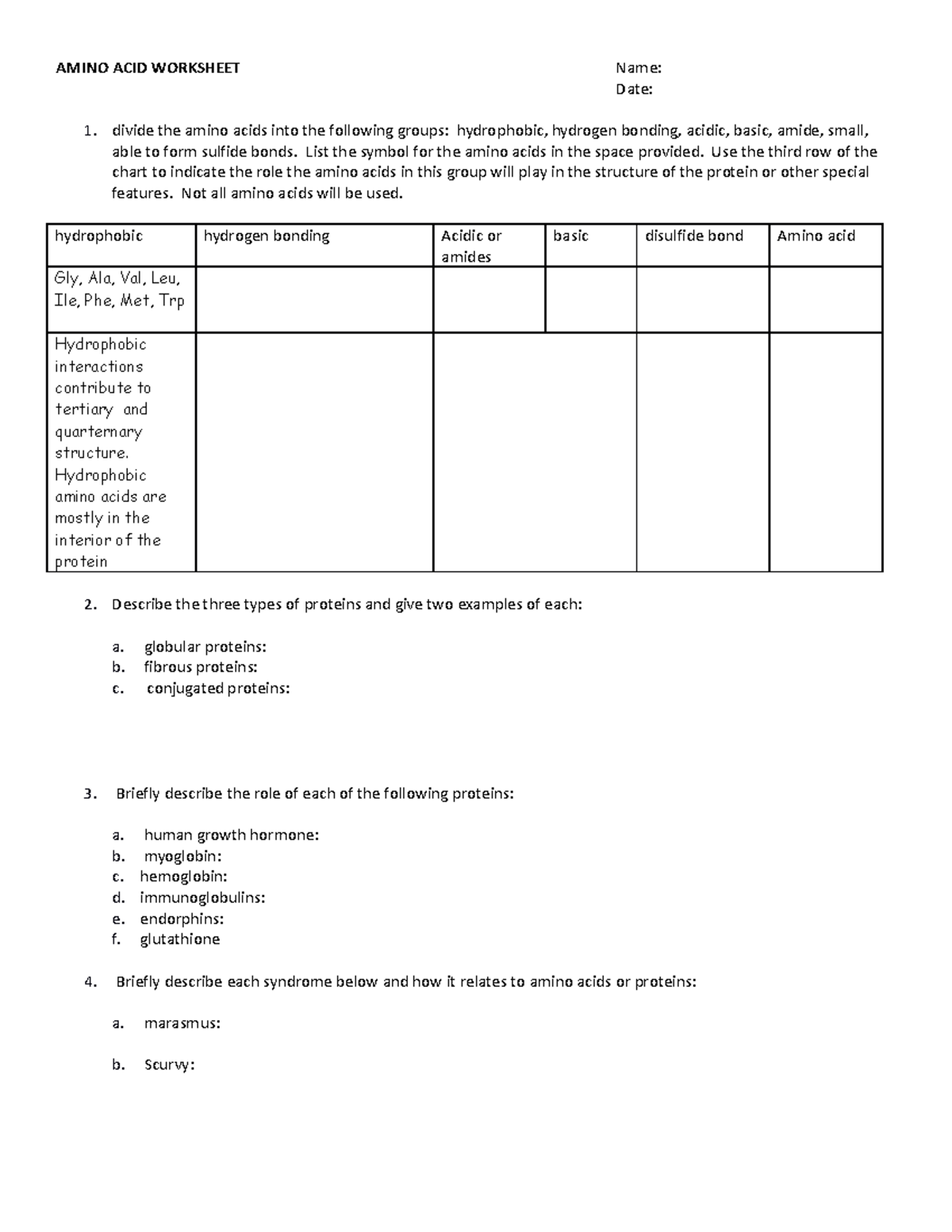 Amino acid worksheet - AMINO ACID WORKSHEET Name: Date: 1. divide the ...