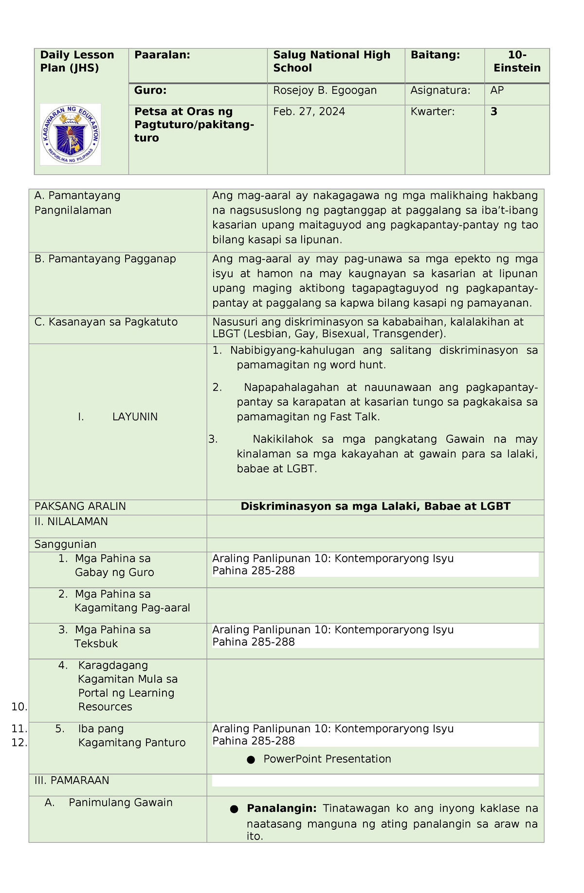 Diskriminasyon Sa Mga Lalaki, Babae At LGBT - Daily Lesson Plan (JHS ...