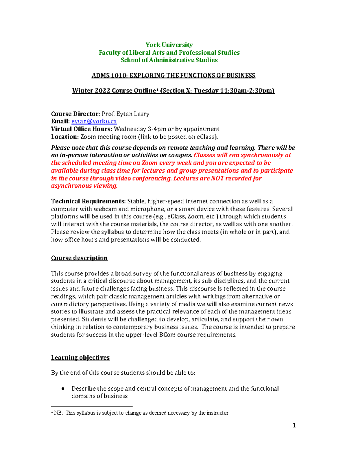 ADMS1010X W-2022 Course outline - York University Faculty of Liberal ...