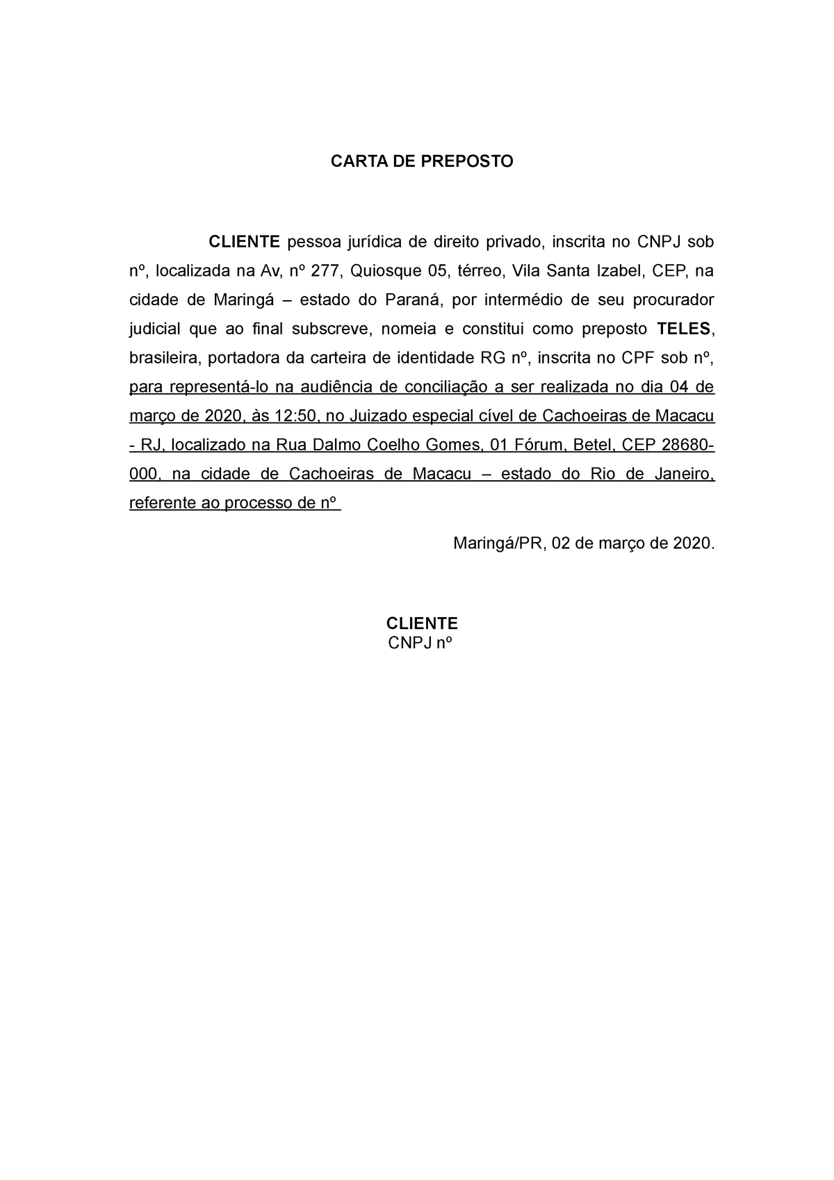 Elaboraçao De Carta De Preposto Para Caso Prático Carta De Preposto Cliente Pessoa Jurídica De 0158