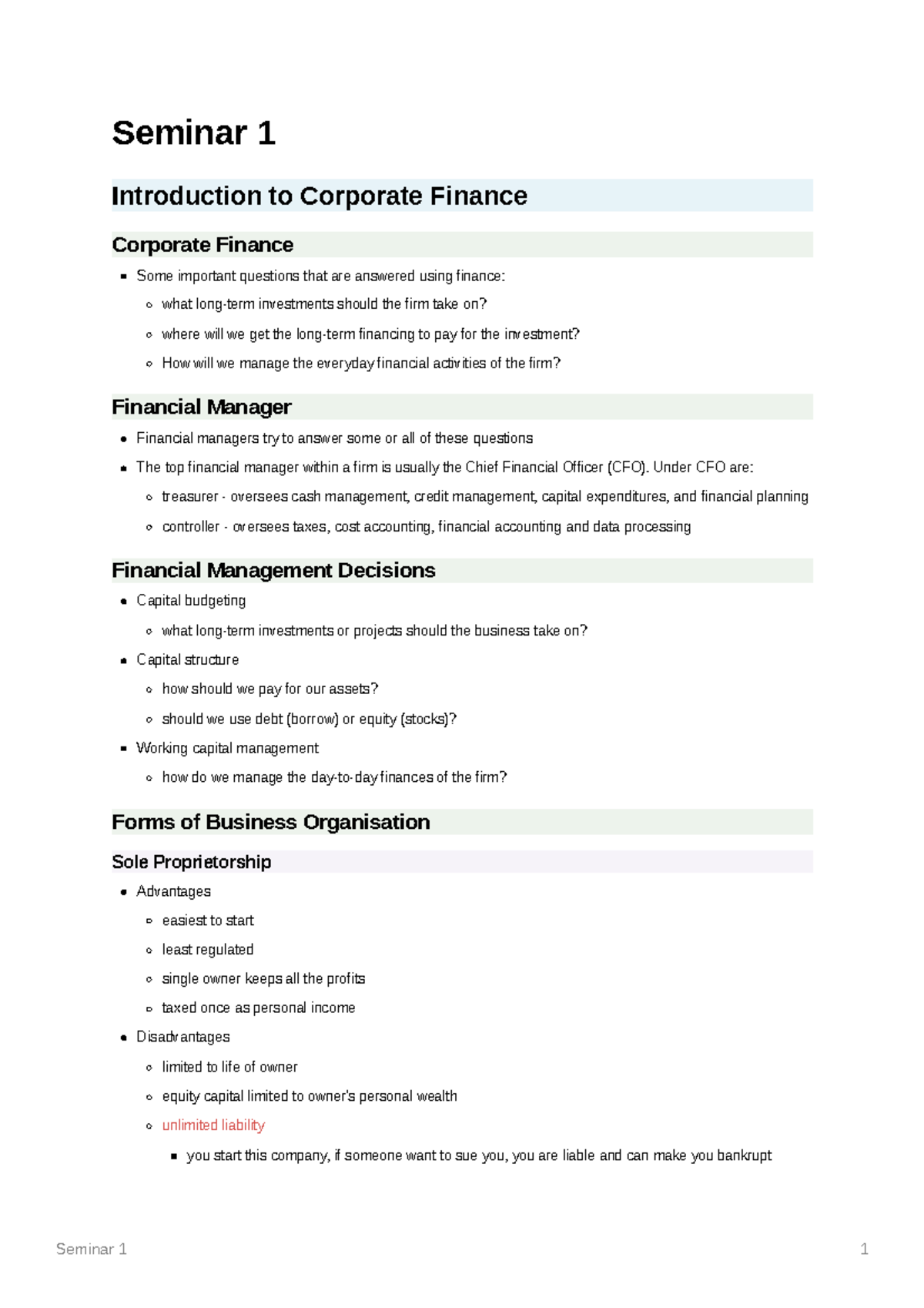 FNCE 101 Seminar 1 - Introduction to Corporate Finance - Seminar 1 ...