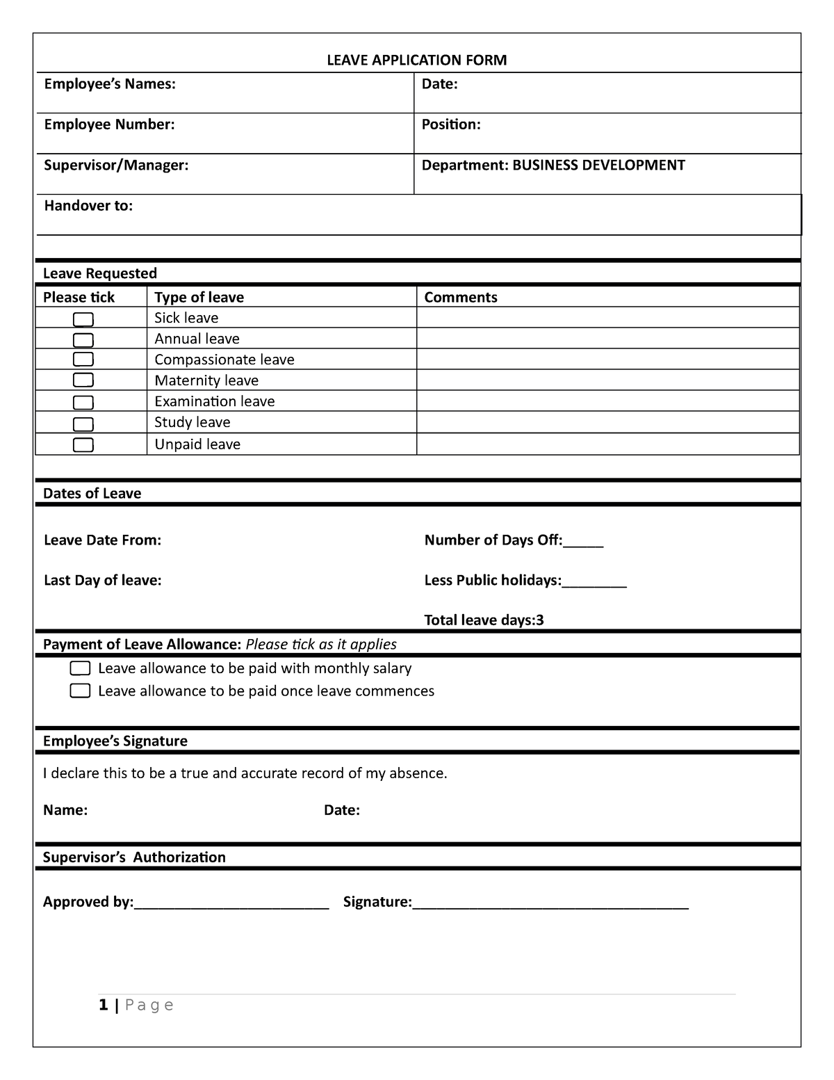 Leave FORM - LEAVE APPLICATION FORM Employee’s Names: Date: Employee ...