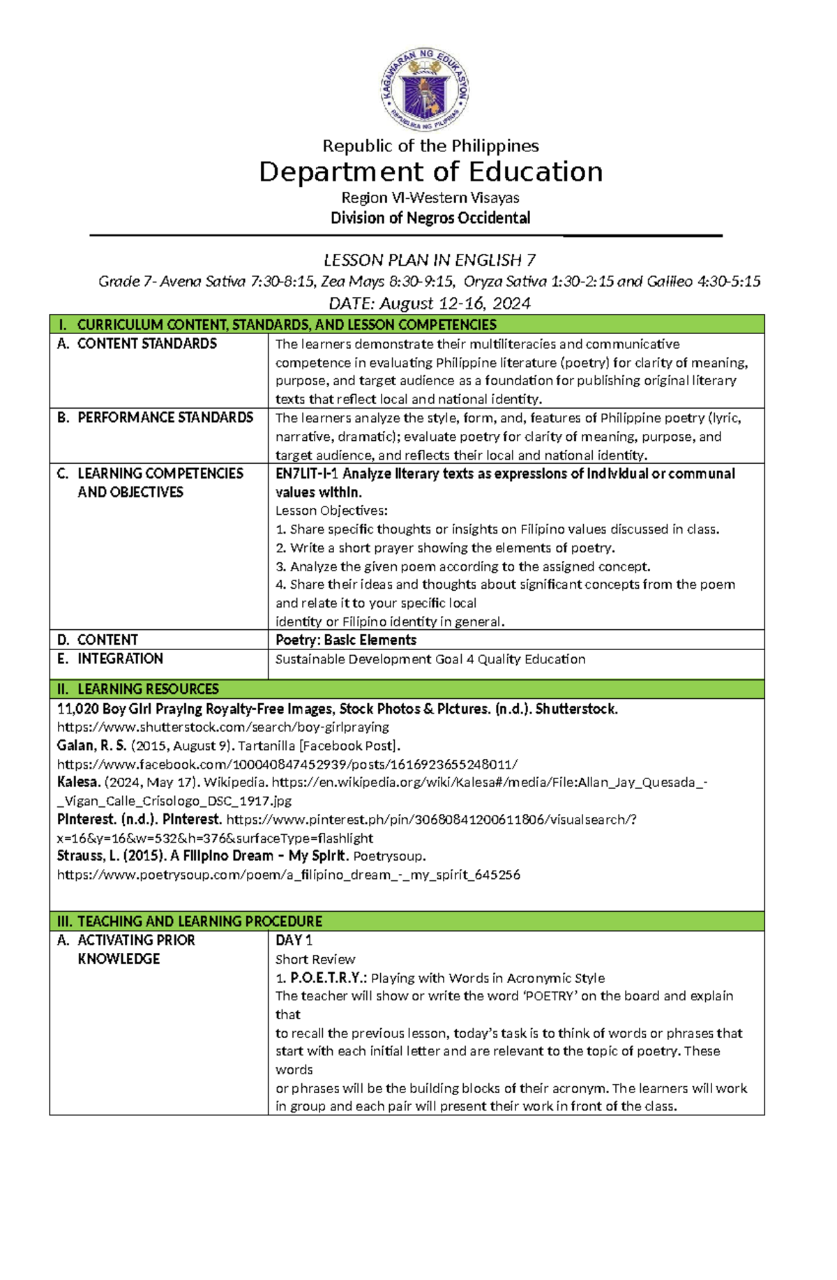 English 7 lesson plan quarter 1, week 3 - Republic of the Philippines ...