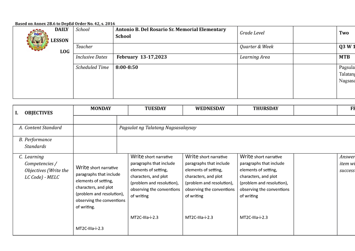 MTB DLL Quarter 3 Wk 1 - Daily Lesson Log - Based On Annex 2B To DepEd ...