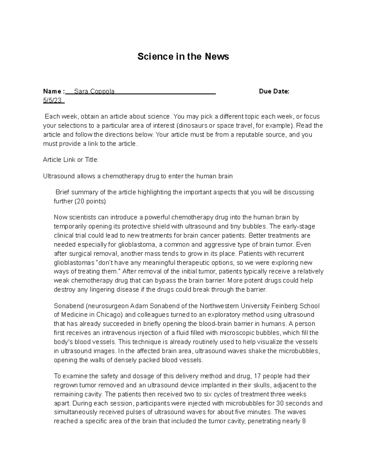 Science in the News #4 - Science in the News Name : Sara Coppola Due ...