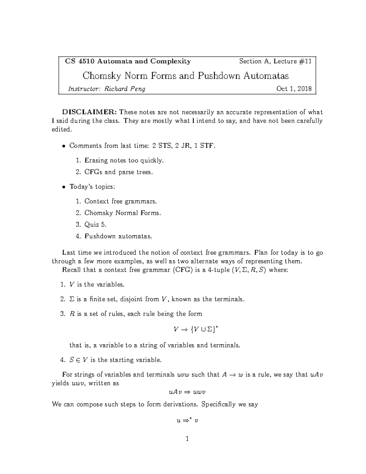 FA18 Oct1 PDA - Class Notes - CS 4510 Automata And Complexity Section A ...