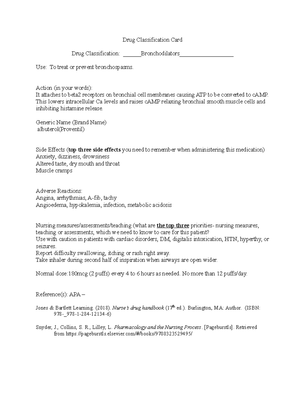 Drug Classification Card Brochodilators - Drug Classification Card Drug ...