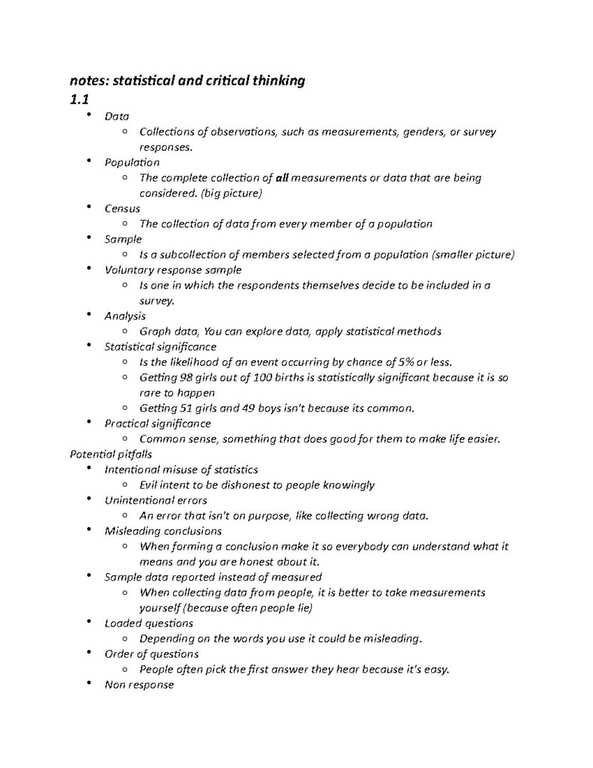 Stats chapter 1 - notes: statistical and critical thinking 1. Data o ...