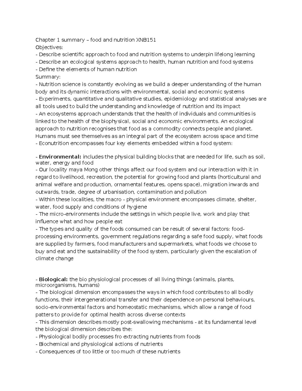 Chapter 1 summary - Lecture notes 1 - Chapter 1 summary – food and ...