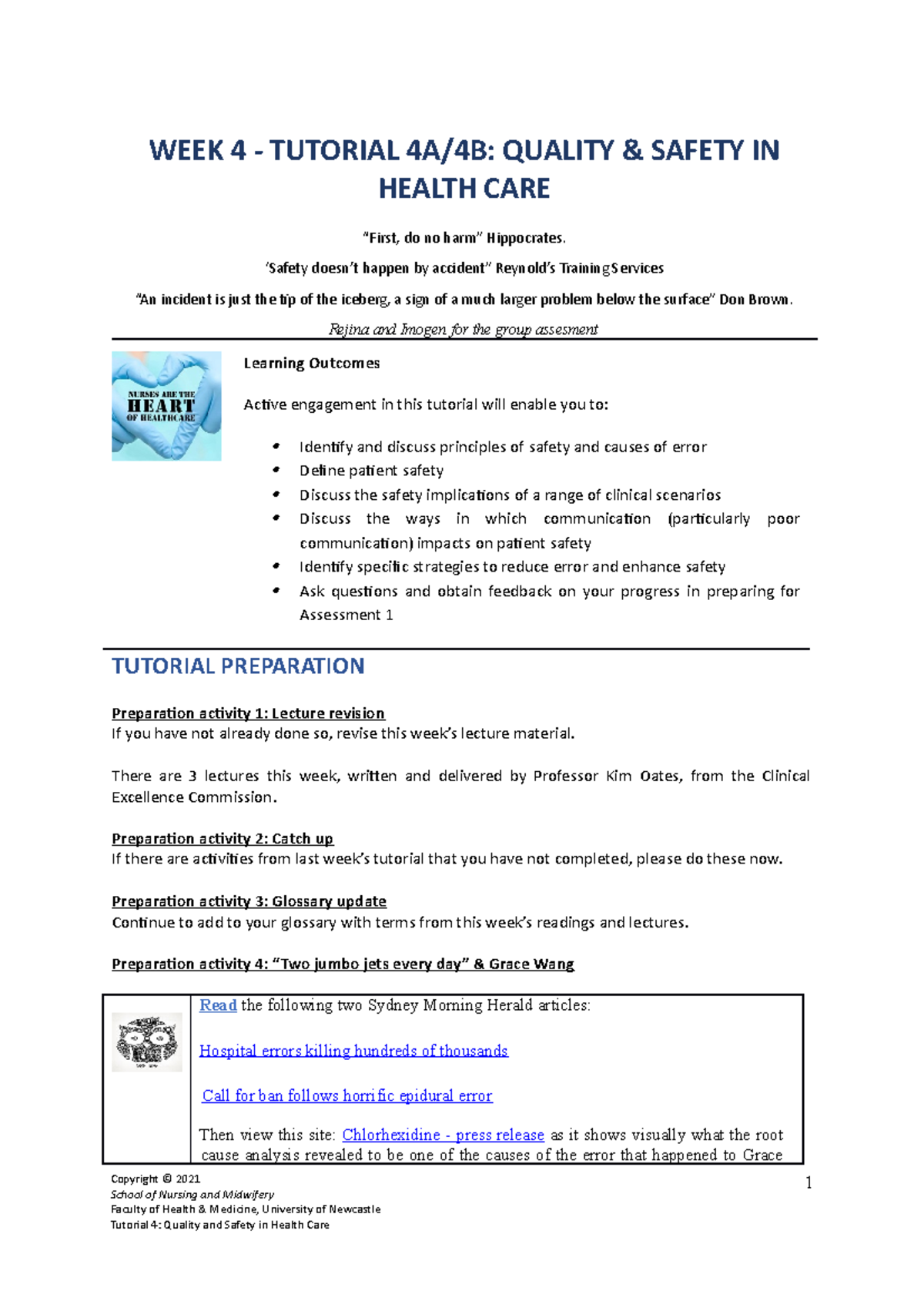 Week 4 A:B (NURS 1101) - Notes - WEEK 4 - TUTORIAL 4A/4B: QUALITY ...