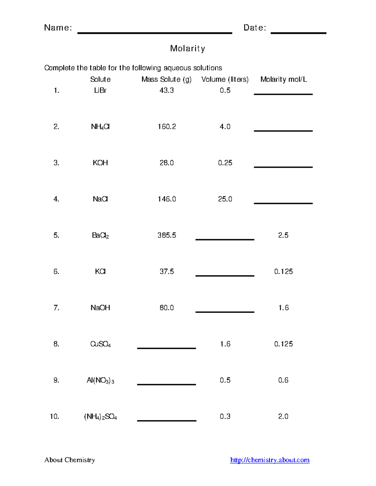 Molarity calculation worksheet with answers - Name: D ate: Molarity ...