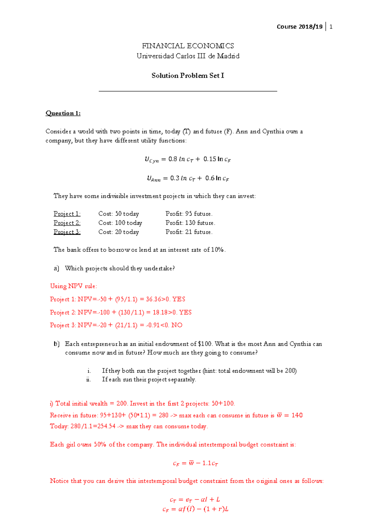 PSI 2018-19 Solutions - Problem set 1 Financial Economics (17165 ...