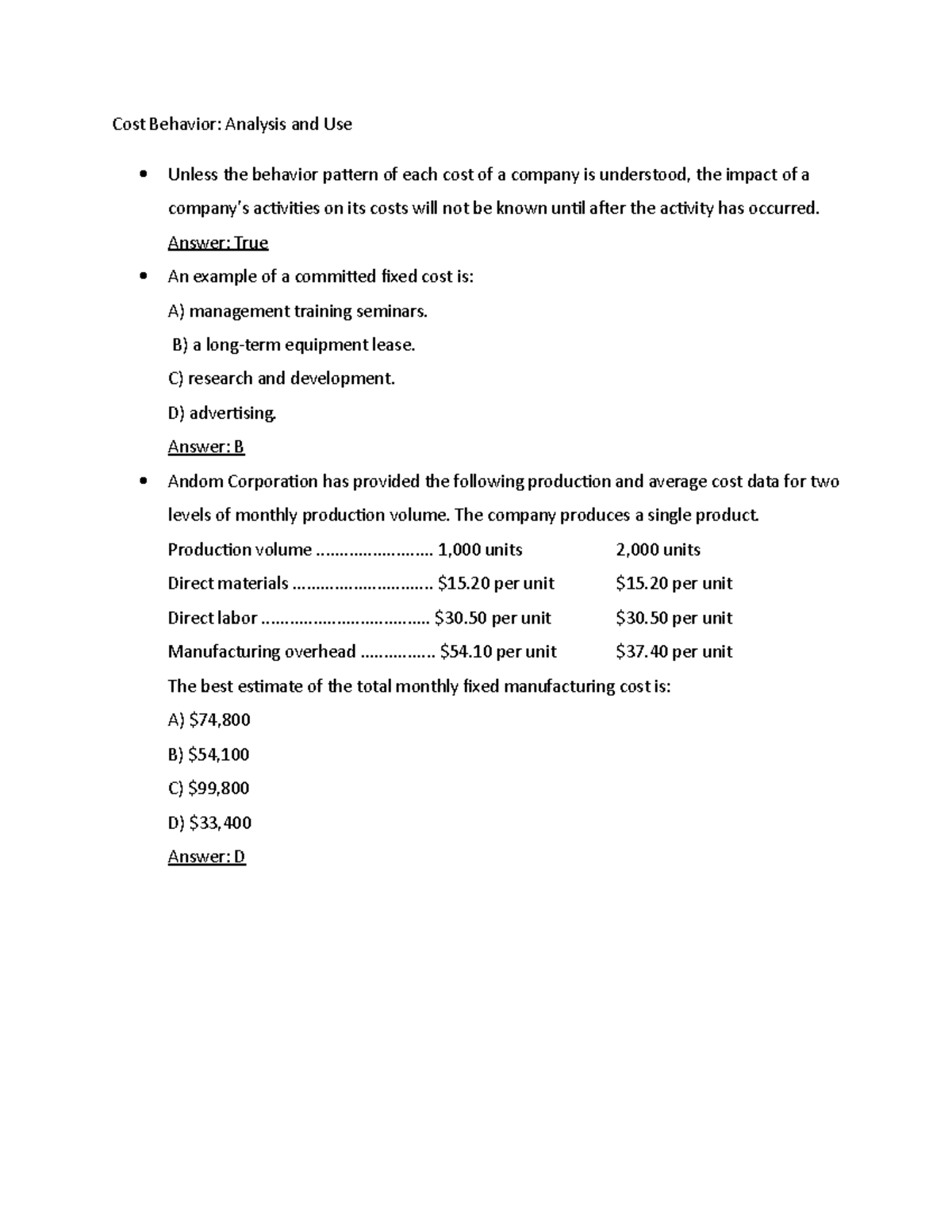 Cost Behavior 11 notes - Cost Behavior: Analysis and Use Unless the ...